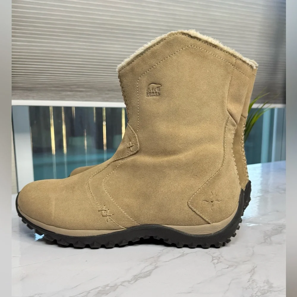 Sorel Maribel Waterproof‎ Suede Winter Boots Size 9, Camel Tan, Faux Fur